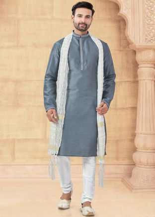 Grey Readymade Men Art Silk Kurta Pajama In Plain