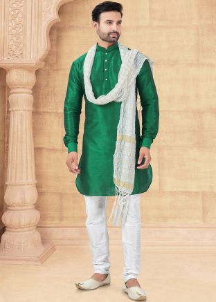 Green Plain Readymade Men Kurta Pajama In Art Silk