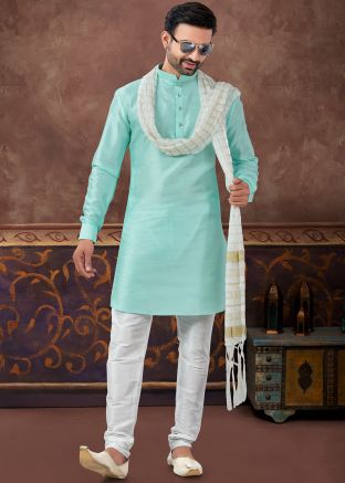 Pastel Blue Plain Readymade Men Art Silk Kurta Pajama 