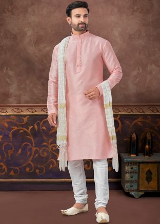 Peach Readymade Plain Art Silk Men Kurta Pajama Set