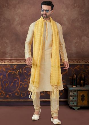Golden Plain Readymade Men Kurta Pajama In Art Silk