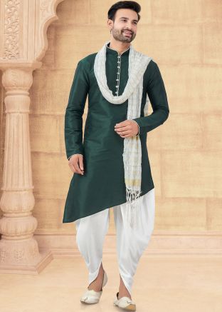 Green Plain Readymade Asymmetric Style Dhoti Kurta 
