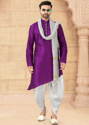 Purple Readymade Asymmetric Style Dhoti Kurta In Art Silk