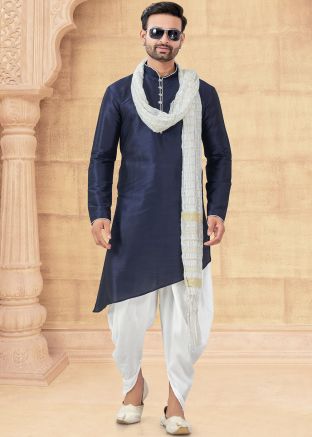 Navy Blue Readymade Asymmetric Style Plain Dhoti Kurta 
