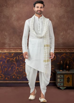 Off White Plain Readymade Dhoti Kurta In Asymmetric Style