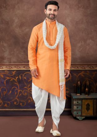 Orange Plain Readymade Asymmetric Style Dhoti Kurta 