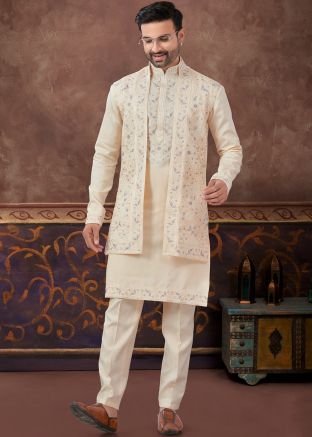 Peach Embroidered Readymade Men Kurta Pajama With Jacket 