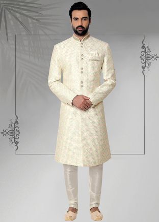Cream Thread Embroidered Readymade Men Silk Sherwani Set