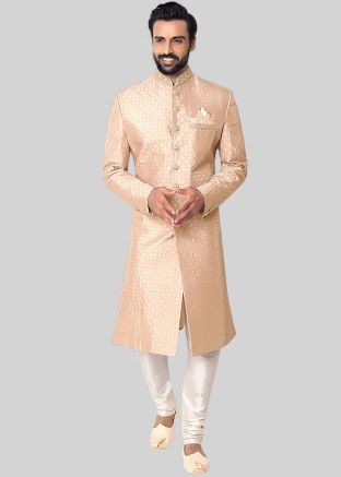 Peach Readymade Thread Embroidered Men Sherwani Set In Silk