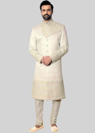 White Readymade Silk Men Sherwani Set In Thread Embroidery