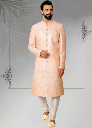 Pink Readymade Silk Men Sherwani Set In Thread Embroidery