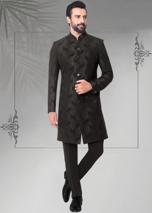 Black Readymade Jacquard Men Indowestern Sherwani With Pant