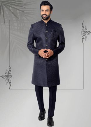 Blue Readymade Men Indowestern Sherwani With Pant In Jacquard