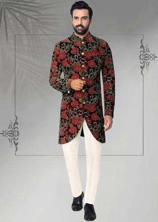 Maroon Embroidered Men Readymade Indowestern Sherwani In Velvet
