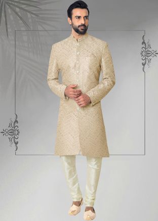 Mild Pink Thread Embroidered Readymade Men Sherwani Set In Silk