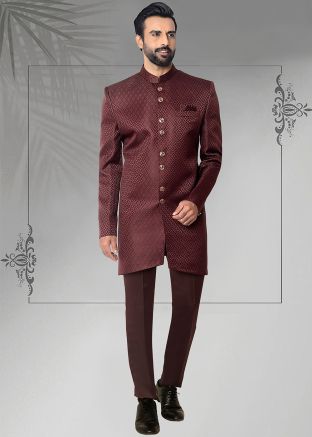 Maroon Readymade Jacquard Men Indowestern Sherwani With Pant