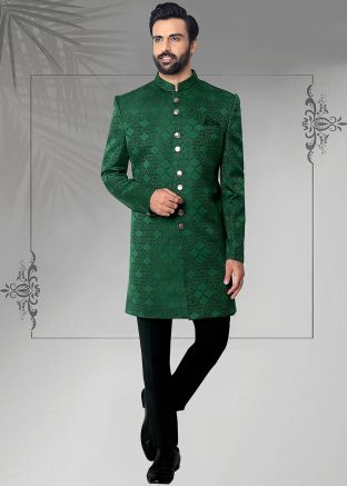 Green Readymade Jacquard Men Indowestern Sherwani With Pant