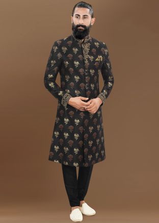 Black Woven Men Sherwani Suit Set