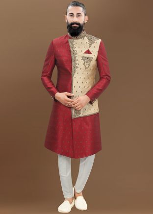 Red Woven Men Sherwani Suit Set