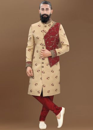 Cream Embroidered Sherwani Suit In Jacquard