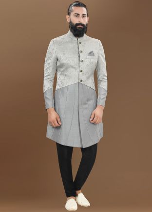 Grey Woven Indo Western Sherwani Set