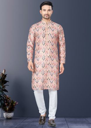 Pink Printed Men Kurta Pajama In Silk