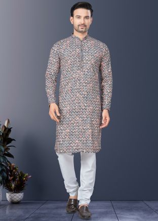 Multicolor Printed Kurta Pajama In Silk