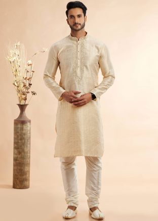Beige Woven Work Kurta Pant In Jacquard