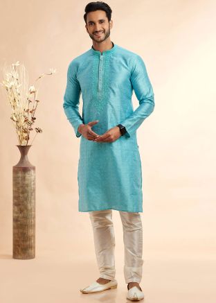Blue Embroidered Men Kurta With Pant