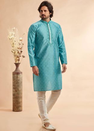 Blue Embroidered Men Kurta With Pant