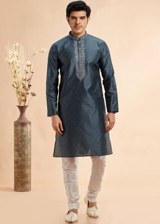 Grey Embroidered Kurta Pant In Jacquard
