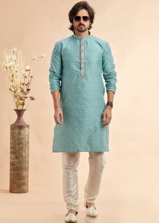 Blue Embroidered Men Kurta With Pant