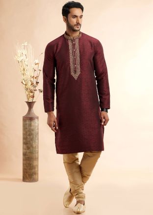 Wine Embroidered Kurta Pant In Jacquard