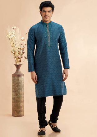 Blue Embroidered Men Kurta With Pant