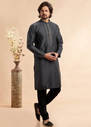 Grey Embroidered Men Kurta With Pant