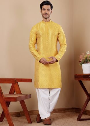 Yellow Embroidered Kurta Pant In Viscose
