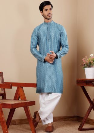 Blue Embroidered Men Kurta Pant