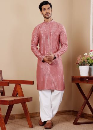 Pink Embroidered Men Kurta Pant