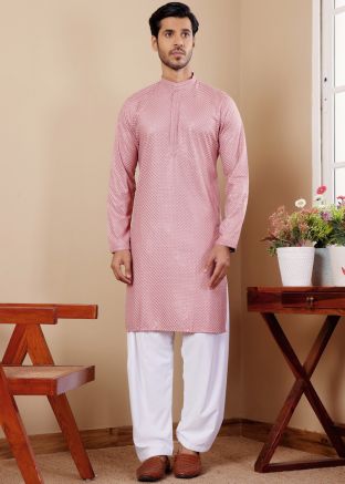 Pink Embroidered Men Kurta Pant