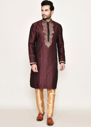 Maroon Readymade Embroidered Art Silk Men Kurta Pajama