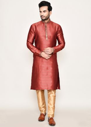 Red Readymade Embroidered Men Kurta Pajama In Art Silk
