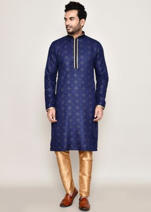 Blue Readymade Printed Men Kurta Pajama In Cotton