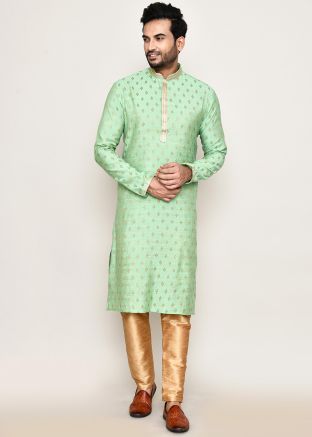 Green Readymade Art Silk Men Kurta Pajama