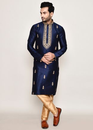 Blue Readymade Art Silk Men Kurta Pajama In Embroidery