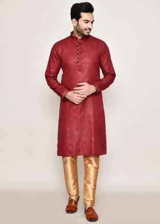 Red Readymade Printed Men Kurta Pajama In Cotton