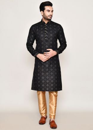 Black Readymade Printed Men Cotton Kurta Pajama 