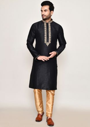 Black Readymade Embroidered Men Kurta Pajama In Art Silk