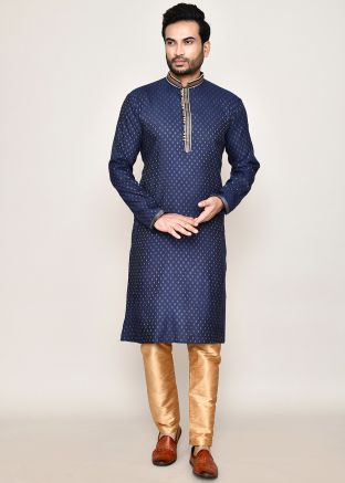 Blue Readymade Art Silk Men Kurta Pajama In Print