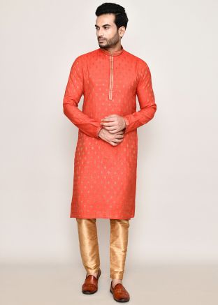 Orange Readymade Foil Printed Men Art Silk Kurta Pajama 