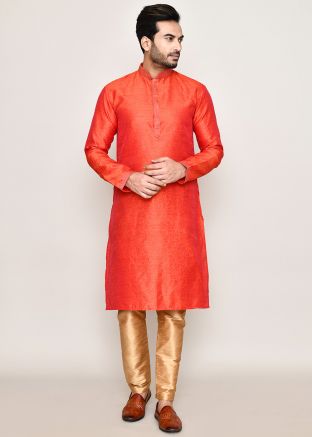 Orange Readymade Woven Men Art Silk Kurta Pajama 